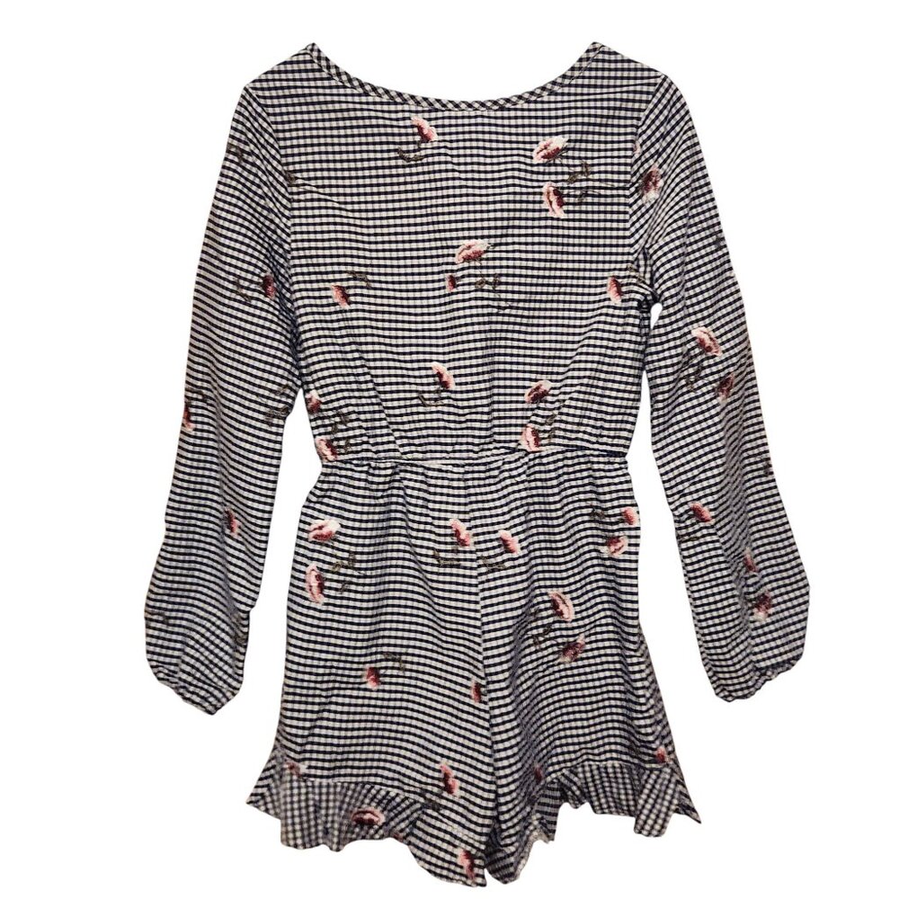 The Edit by Seventeen Navy White Gingham Floral Embroidered Romper Size Medium - Picture 2 of 9